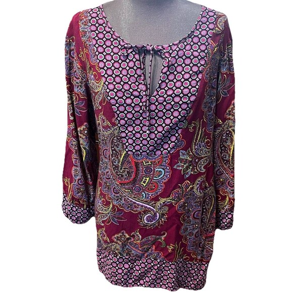 Multicolored Tops - Figueroa & Flower Women’s Maroon Paisley Tunic Long Sleeve V- Neck Tie Neck L